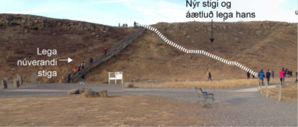 Sýnir áætlaða leið legu nýs stiga frá neðra útsýnissvæðinu.